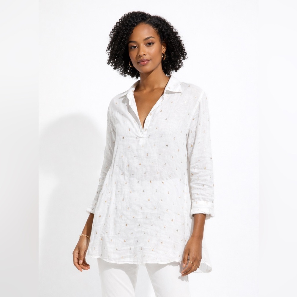 For Cynthia White Linen Anchor Blouse Size XL Nautical Beach Tunic Lagenlook Top